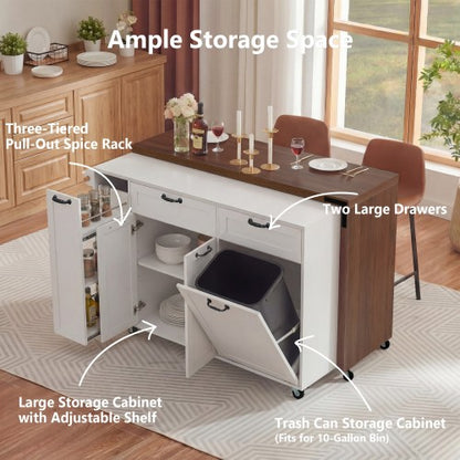 102 Inch Kitchen Island with Extendable Dining Table & Trash Storage White