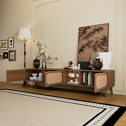 78.7 inch Walnut Rattan TV Stand Soft Close Doors Fits 75/80/85 Inch TV