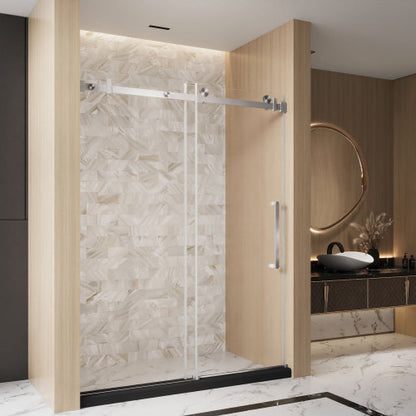 Frameless Single sliding shower door 56-60 "W x 76" H, 1/4 "(6 mm) Clear Tempered Glass, Explosion Proof Film, Stainless Steel Handle Square Tube Track Brushed Nickel