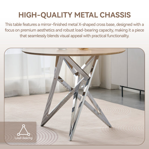 Small Round Dining Table with Silver Metal Legs, Burlywood