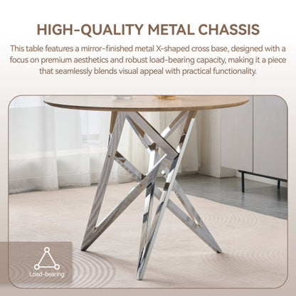 Small Round Dining Table with Silver Metal Legs, Burlywood