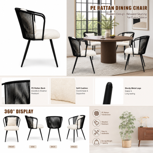 PE Rattan Dining Armchairs with Teddy Cushions and Pillows, Set of 2, Black