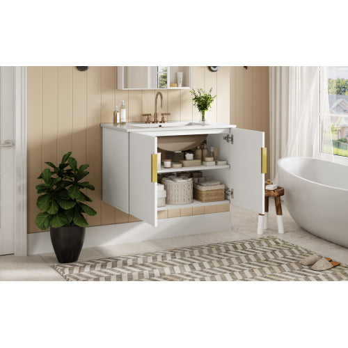 30" Vintage Bathroom Vanity with Ceramic Sink, with 3 Holes Single Ceramic Sink, Bathroom Storage Vanity Cabinet with 2 Soft Closing Doors