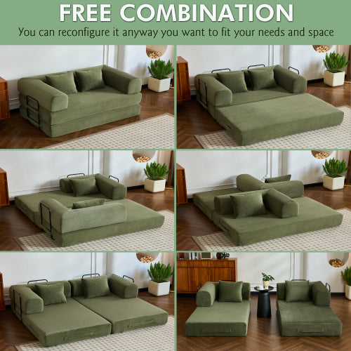 59-Inch Green Corduroy Convertible Sleeper Sofa-Bed Fixed-Shape Metal-Frame Floor Lounge Couch with Cylindrical Pillow No-Assembly