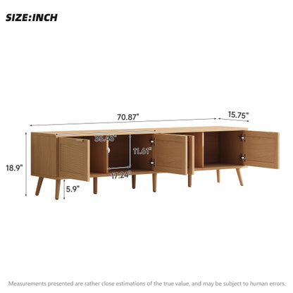 70.87 inch Natural Wood 4-Door PE Rattan TV Stand Media Console With Cable Holes For 80 inch TV