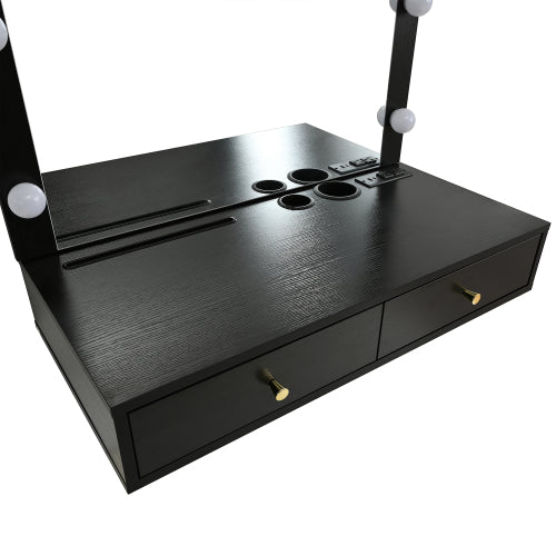 Black Floating Wall Mounted Vanity Desk with LED Mirror, 3 Color Lights, Power Outlet & USB, Large Storage