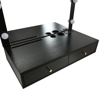 Black Floating Wall Mounted Vanity Desk with LED Mirror, 3 Color Lights, Power Outlet & USB, Large Storage