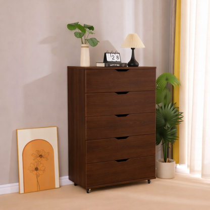 5 Drawer Dresser on Wheels Dark Brown Rolling Chest of Drawers Mobile Storage Cabinet for Bedroom Closet, Wide Drawer Organizer, 30.71" W x 15.75" D x 44.49" H