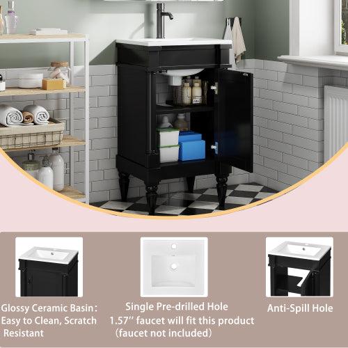 18-Inch Modern Bathroom Vanity with Sink, Modern Bathroom Storage Cabinet with Door, Freestanding Small Space Bathroom Cabinet, Single Sink Cabinet with Adjustable Shelf, Black