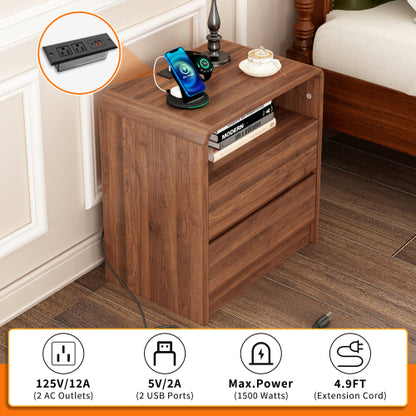 Walnut Curved Nightstand, 25inch Tall Handle-Less Bedside Table with Drawers & Charging Station