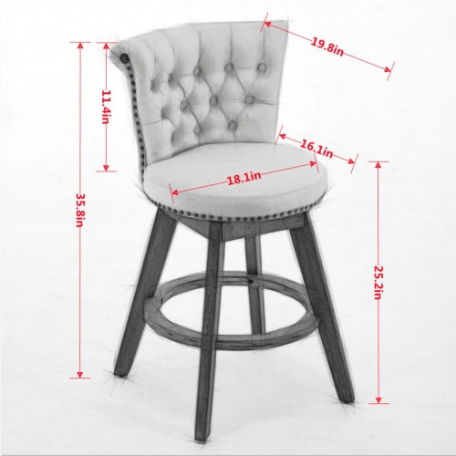 26inch Counter Height Bar Stools Set of 2, 360¡ã Swivel Stools with Back & Hand - Tufted Button - Trimmed Edges, Upholstered Velvet Kitchen Counter Stools on Wood Legs,Beige