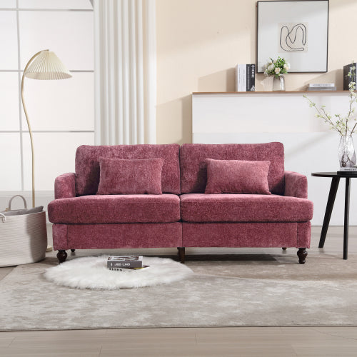 Mid-Century Modern Wine-Red Chenille 2-Seat Loveseat, Wood Legs