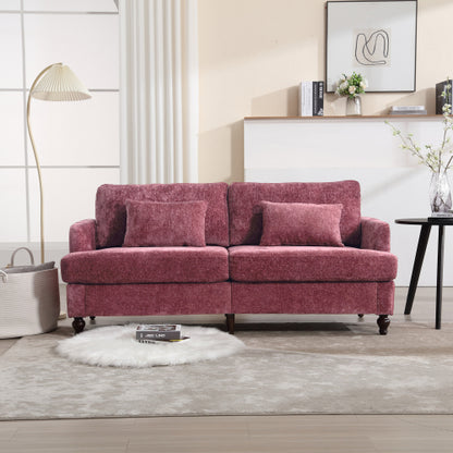 Mid-Century Modern Wine-Red Chenille 2-Seat Loveseat, Wood Legs