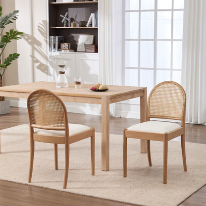 Set of 2 Beige Rattan Back Linen Dining Chairs, Solid Wood Leg Teddy Cushion 275lbs Capacity