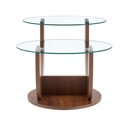 23.6inch  2-Tier U-Shaped Glass Coffee Table, Walnut MDF Base, Adjustable Height