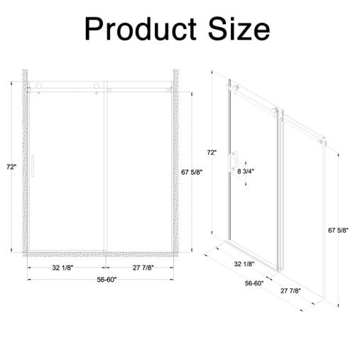 56-60"W x 72"H Frameless Sliding Shower Door,5/16" (8mm) Thick SGCC Tempered Clear Glass,Double Side Easy Clean Coat, Matte Black Finished With Buffer