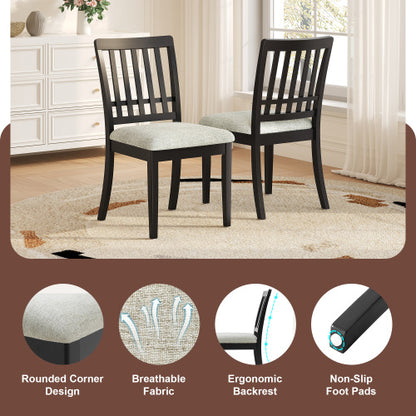 2-Piece Modern Dining Chairs Set of 2, Curved Wood Backrest with Gray Fabric Seat, Rubber Wood and LVL Frame, Black Finish