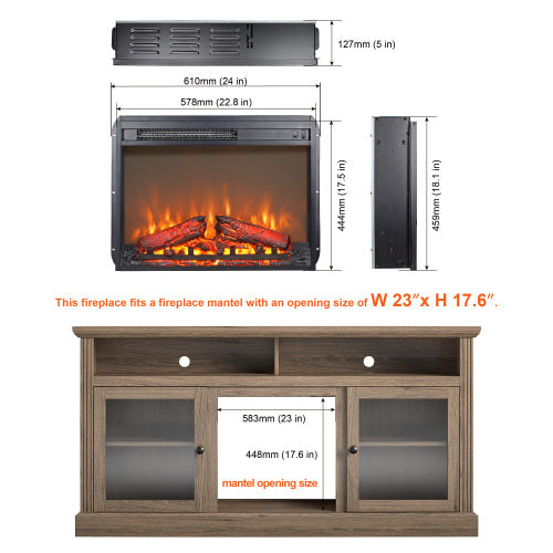 23 inch electric fireplace insert heater with log set & realistic flame, overheating protection without control