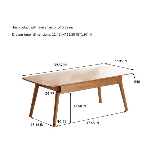 Solid Wood Coffee Table Oak Center Table with 2 Drawers Study Living Room Desk Natural Wood