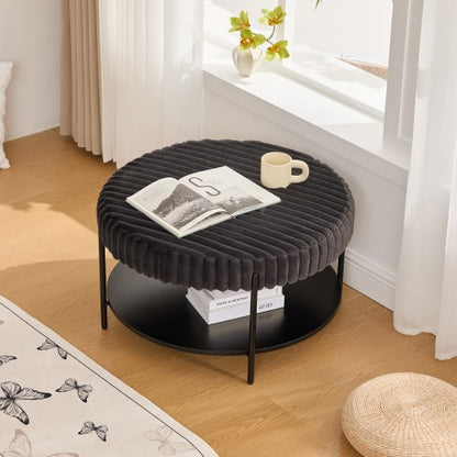 30.9 Inch Charcoal Faux Fur Round Ottoman, Open Storage Shelf Footstool with Black Metal Legs, Supports 275 Lbs