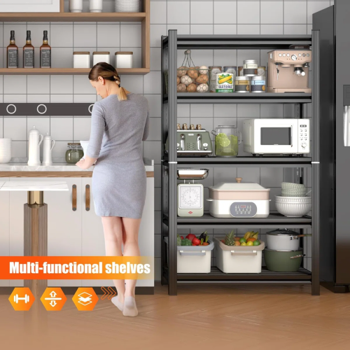 5-Layer Metal Storage Rack, Adjustable Height Storage Rack, 2000 Pound Load, Suitable For Garages, Kitchens, Supermarkets, Storage Rooms, And Gyms. Black, Requires Assembly