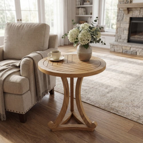 Natural Finish Round Wood Accent Table, Curved Tripod Base Slatted Top End Table, 17.72inch D x 20.67inch H
