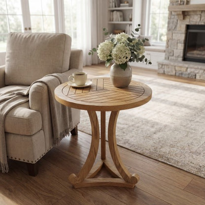 Natural Finish Round Wood Accent Table, Curved Tripod Base Slatted Top End Table, 17.72inch D x 20.67inch H