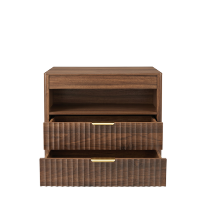 Walnut Nightstand with 2 Drawers, Open Shelf, Outlet and Pull-Out Tray