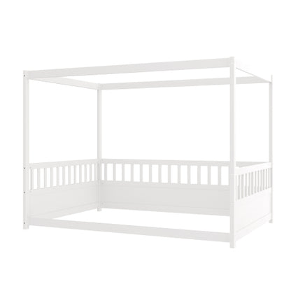Full Size Canopy Bed Frame with Guardrails for Kids,Floor Bed Full with Four Poster Design,Kids Montessori Floor Bed,Wood Canopy Bed Frame for Girls,Boys(Full,White)