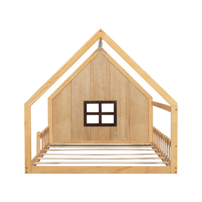 Full Size Wood House Bed with Window and Fence, Natural