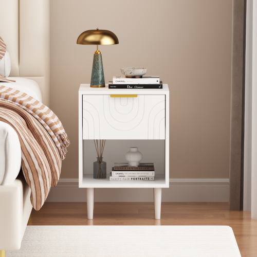 22.83'' H Modern White Nightstand with One Drawer and Open Shelf, Gold - Accented Handle, Ideal for Bedroom Decor