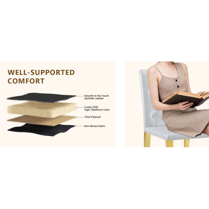 Set of 2 Light Grey PU Dining Chairs, Ergonomic Buckle Backrest, Gold Metal Legs, 35 inch  High