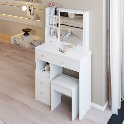 29.2inch  Small Space Left Drawer Desktop Vanity Table + Cushioned Stool, Extra Large Right sliding mirror, Multi Layer High Capacity Storage, Practical Fashionable Dresser, Suitable For Small Space