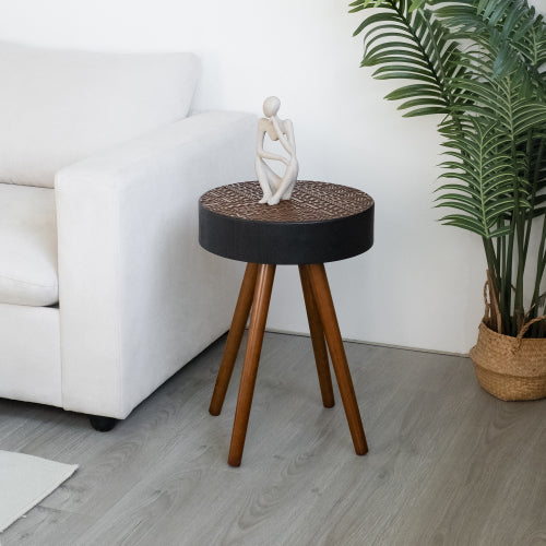 15.7inch  Mini Round Wooden Side Table, Brown & Black