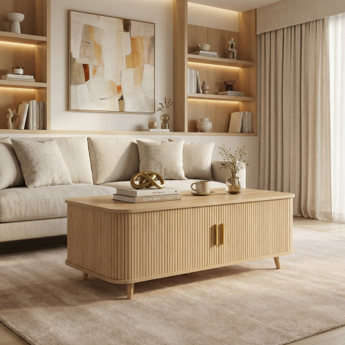 Mid-Century Natural Wood Coffee Table with Tambour Doors & 4 Open Storage Compartments