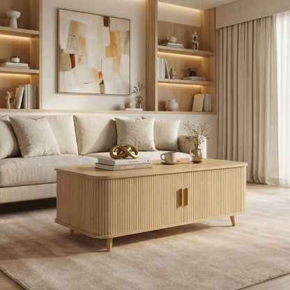 Mid-Century Natural Wood Coffee Table with Tambour Doors & 4 Open Storage Compartments