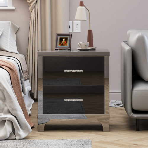 High Gloss Mirrored Nightstand with 2 Drawers,Modern End Table with Drawers,Mirrored High Gloss Wood Nightstand Metal Handle Bedside End Table for Bedroom, Dorm,Living Room,Black