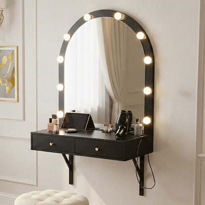 Black Floating Wall Mounted Vanity Desk with LED Mirror, 3 Color Lights, Power Outlet & USB, Large Storage