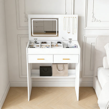 White Flip Top Vanity Desk with LED Lighted Mirror & Built-in Outlet, 2 Drawers, Open Storage, Jewelry Hooks