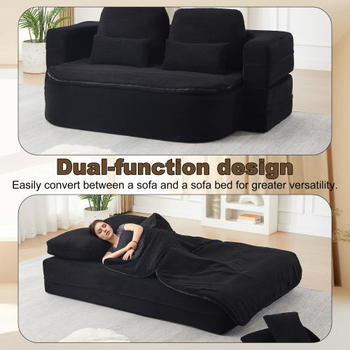 75 inch  Corduroy Convertible Floor Sofa Bed with Built-in Blanket & 4 Pillows