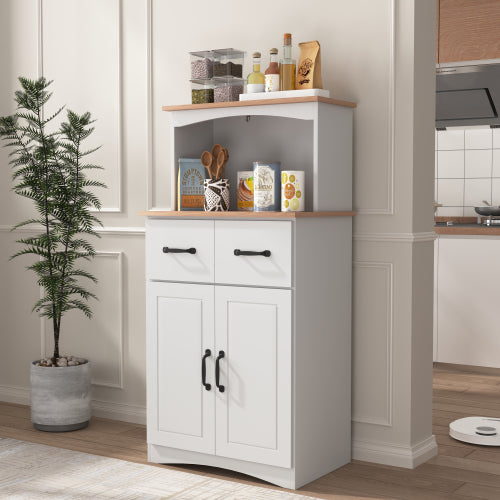 White Kitchen Pantry Cabinet with Microwave Shelf Drawer and Adjustable Storage