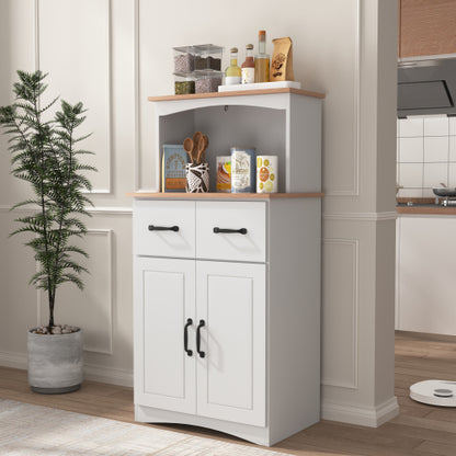 White Kitchen Pantry Cabinet with Microwave Shelf Drawer and Adjustable Storage
