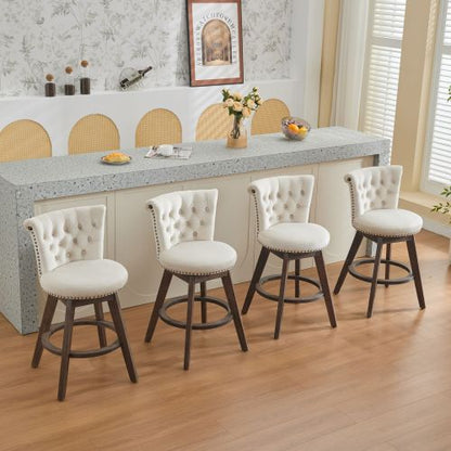 26inch Counter Height Bar Stools Set of 2, 360¡ã Swivel Stools with Back & Hand - Tufted Button - Trimmed Edges, Upholstered Velvet Kitchen Counter Stools on Wood Legs,Beige