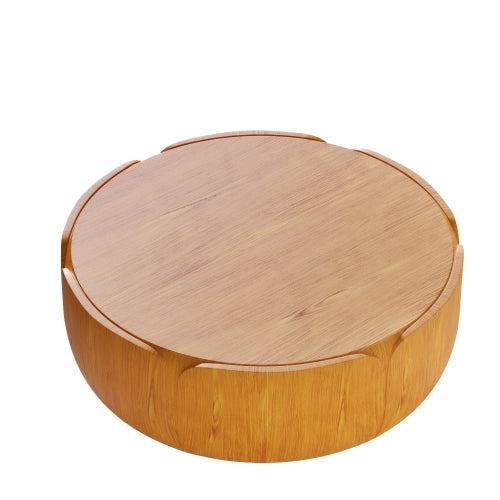 35.63" Round Outdoor Indoor Coffee Table, Modern Wood Grain Drum Center Table, Sturdy MGO (Magnesium Oxide) Waterproof, No-Assembly Table for Patio, Garden, Backyard, Living Room (Wood Color)
