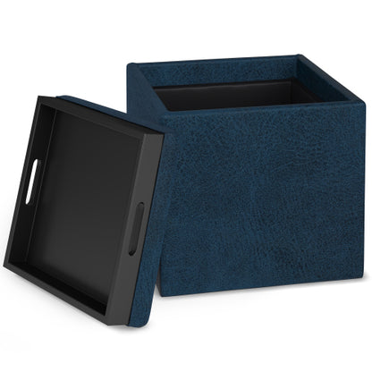 17 Inch Storage Ottoman with Tray Dark Blue Vegan Leather Cube