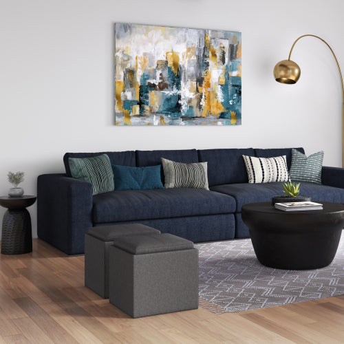 17 Inch Storage Ottoman with Tray Grey Linen Fabric Cube Footrest