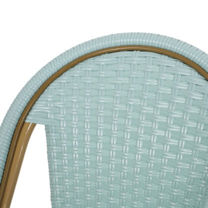 29.5" Outdoor PE Rattan and Aluminum French Barstools, Set of 2, Light Teal and Bamboo Finish