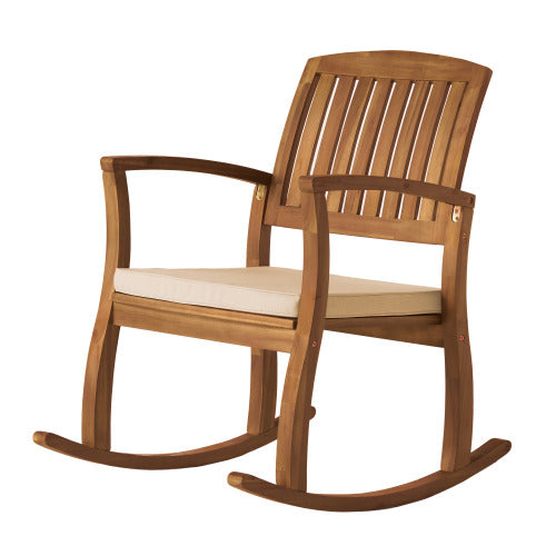 Acacia Wood Patio Outdoor Rocking Chair with Water Resistant Cushions Slat Panel Design