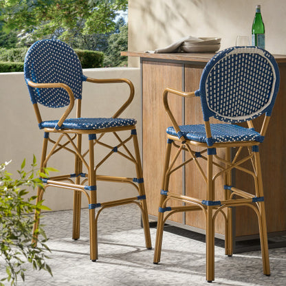 Outdoor Wicker and Aluminum 29.5" French Barstools, Set of 2, Navy Blue, Bamboo Print Finish