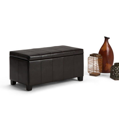 36 inch Tanners Brown Vegan Leather Storage Ottoman Bench with Safety Hinges, Lift-Top Organizer for Entryway